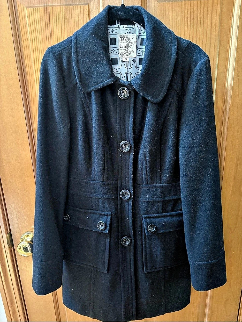 Tulle Black Wool Blend Button Front Pea Coat, Small